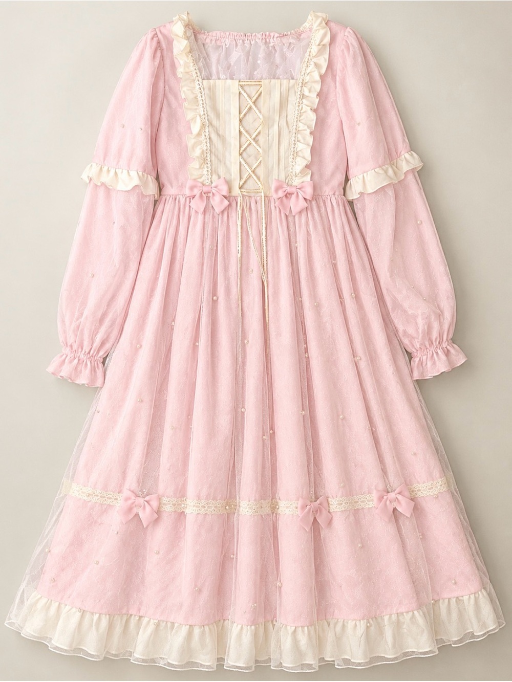 Vintage Inspired Pink Lace Trim Long dress